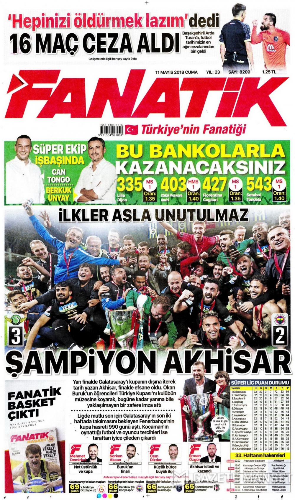 Ziraat Türkiye Kupası Şampiyonu Akhisarspor'un Gazetelerdeki manşet 7