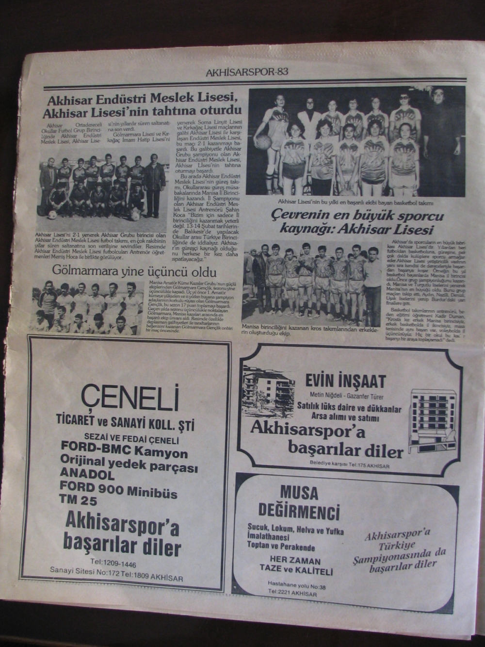 1983 yılına ait Yeni Asır Gazetesi Akhisarspor eki 6