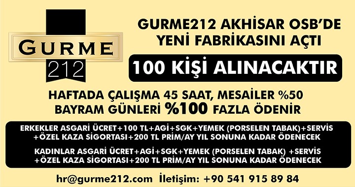 Gurme 212 fabrikasına 100 personel alınacak